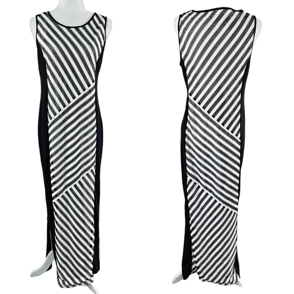 Chico's Black White Knit Kit Textured Diagonal Stripe Maxi Dress Sleeveless - Picture 1 of 9